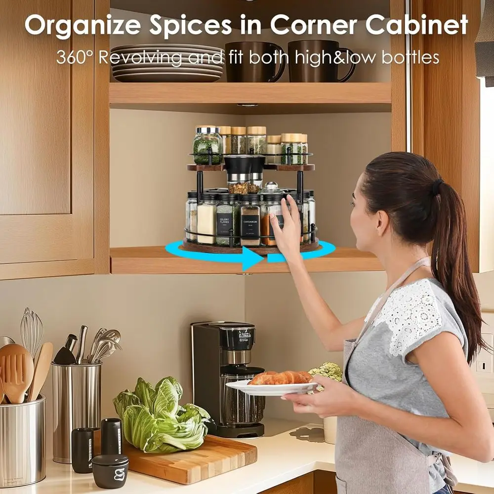 Adjustable 2-Tier Wooden Lazy Susan Spice Rack, 12 Rotating Organizer for Kitchen, Cabinet, and Dining Table Storage