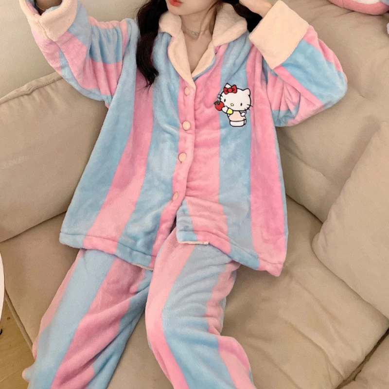 

New Sanrio Hello Kitty Fall Winter Ladies Pajamas Cute KT Cat Flannel Loungewear Thickened Warm Long-sleeved Pants Two-piece Set