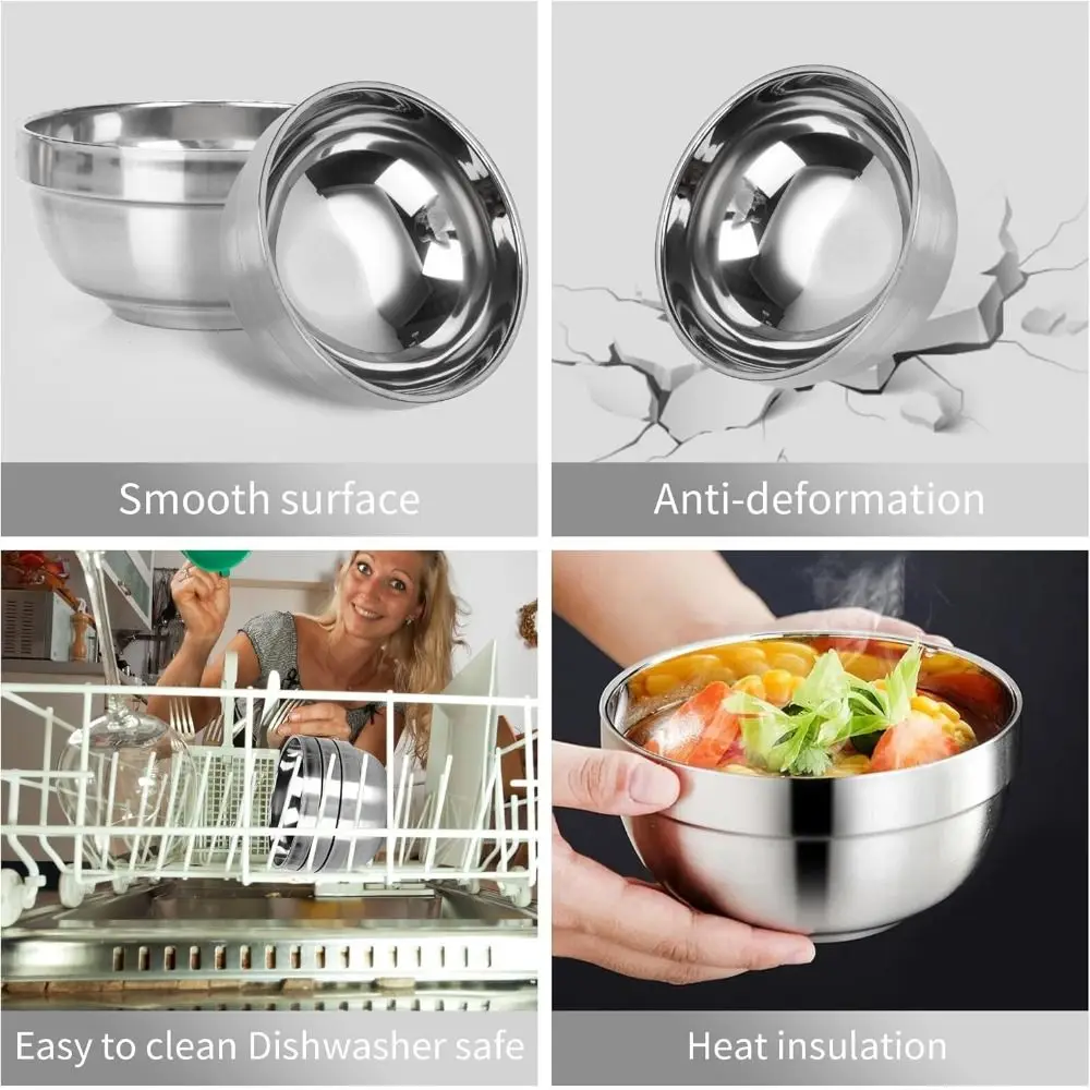 304 Stainless Steel Stainless Steel Bowls Double-layer Thick Durable Anti Scalding Bowls Cereal Bowls Children Adults