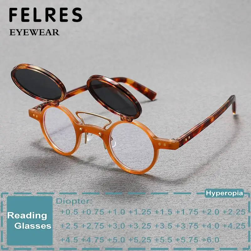 Runde, klare Anti-Blaulicht-Lesebrille für Herren und Damen, Vintage-Stil, fertige Korrektionsbrille, hochklappbare Sonnenbrille für den Außenbereich