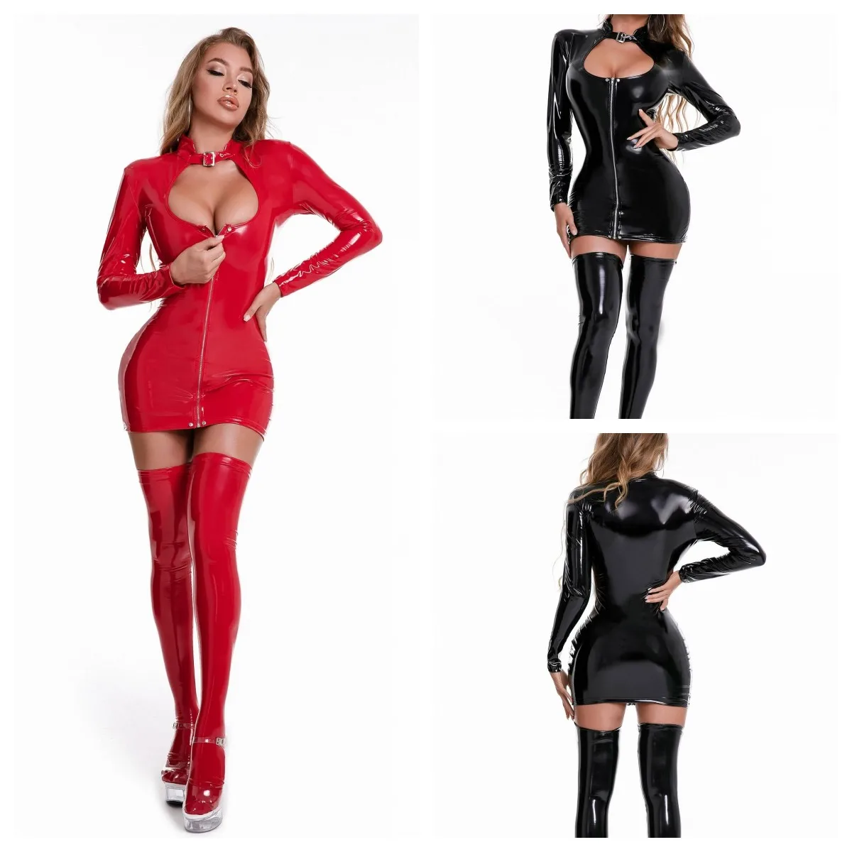 Plus Size Wet Look Lange Ärmel Cut-Out Latex Minikleid Sexy PVC Leder Oberschenkel Extoic Partys Nachtclub Tragen Catsuit Kostüm