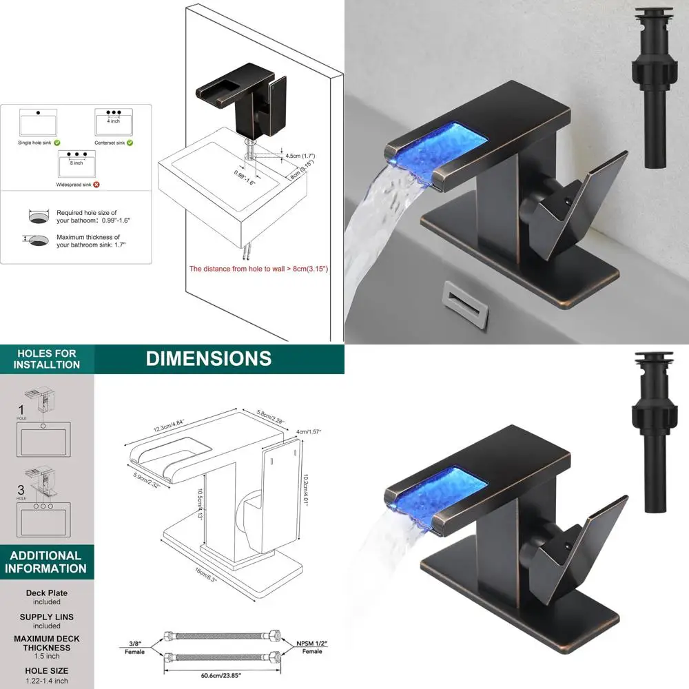 

Oil Rubbed Bronze LED Waterfall Single Handle Sink Faucet with 3-Color Light, Pop-Up Drain & Stainless Steel Supply Lines