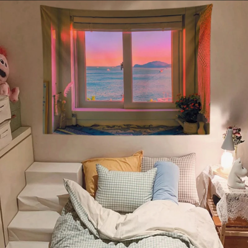 Fake Window Sea View Tapestry Polyester Aesthetic Wall Hanging Sunset Ocean Scenery for Bedroom Dorm Photo Backdrop