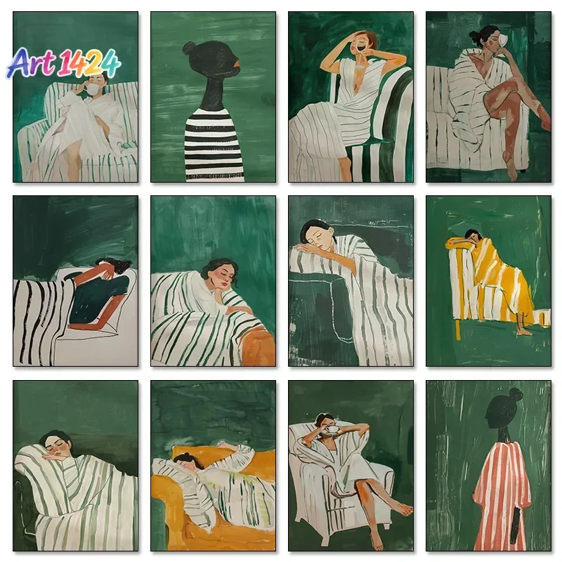 Emerald Green Abstract Stripe Woman Poster Modern Artwork Minimalist Female Canvas Painting Wall Art For Living Room Home Decor