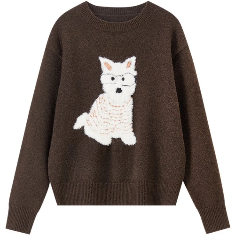 SENTUBILA Women's Pullover 2025 Autumn Contrast Color Dog Jacquard O-Neck Sweater Loose Fit Casual Ladies Jumpers W54EE4236