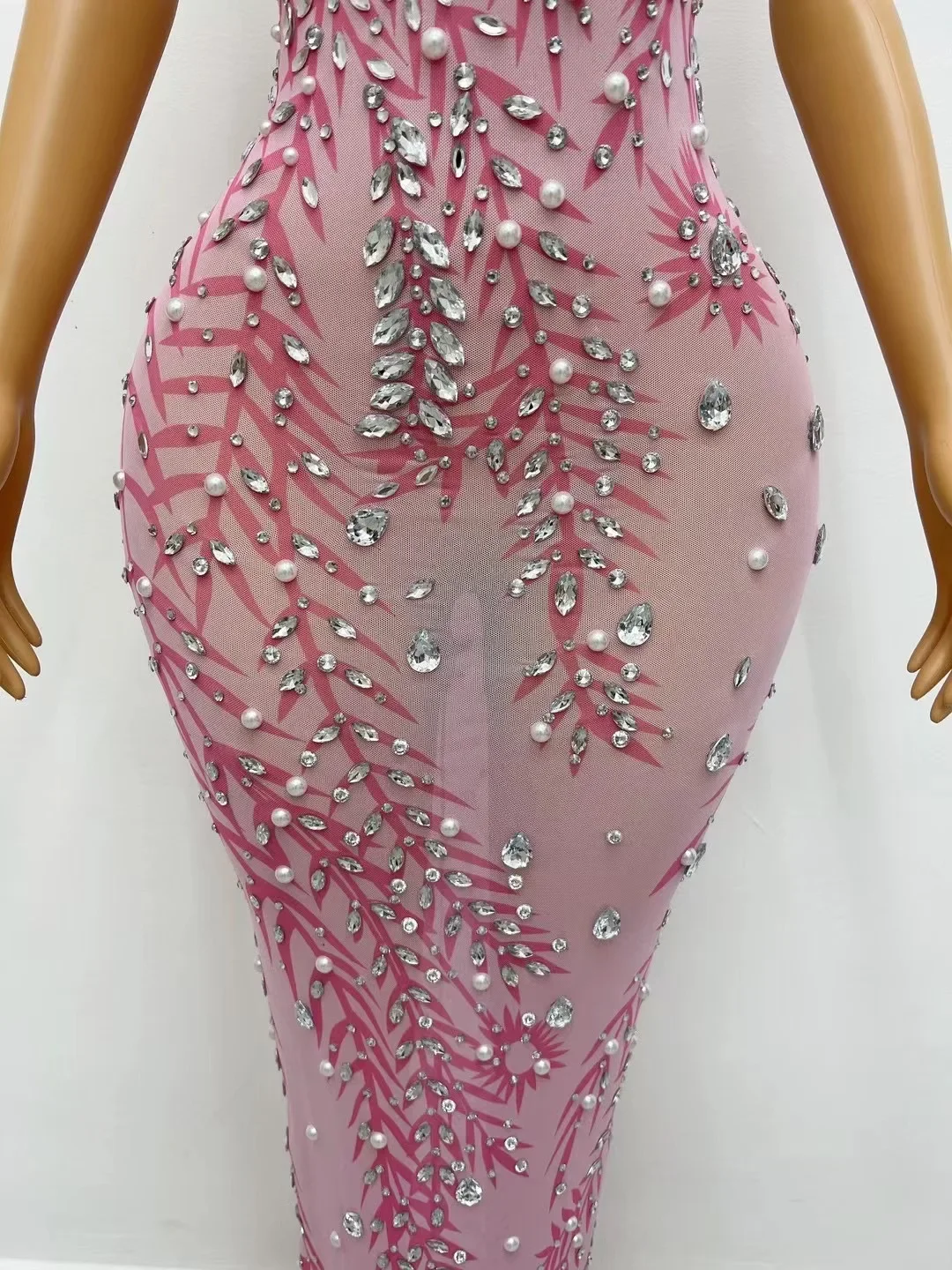 Sexy Stretch Outfit Dance Stage Birthday Celebrate Costume Party Wear Silver Rhinestones Crystals Sleeveless Pink Dress