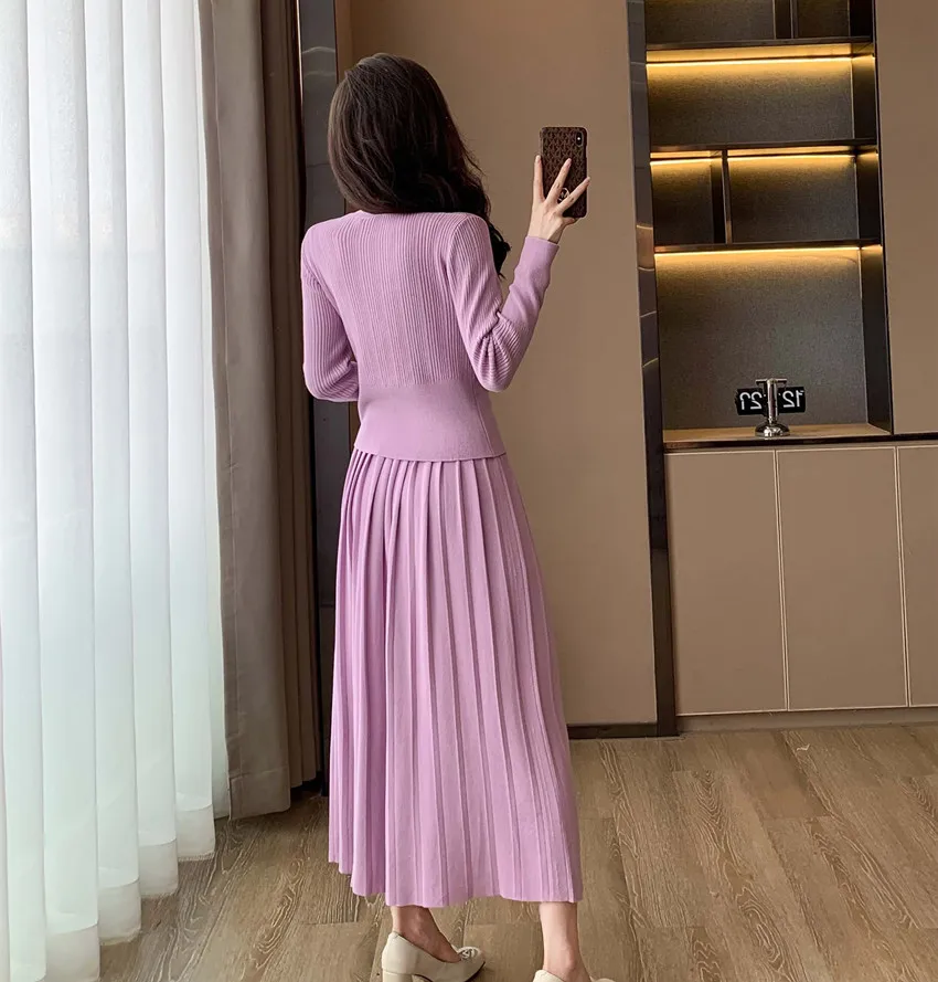 French Elegant Purple Knitting 2 Piece Set New Women V Neck Single Breasted Sweater Short Cardigan + Long Pleated Skirt Suits