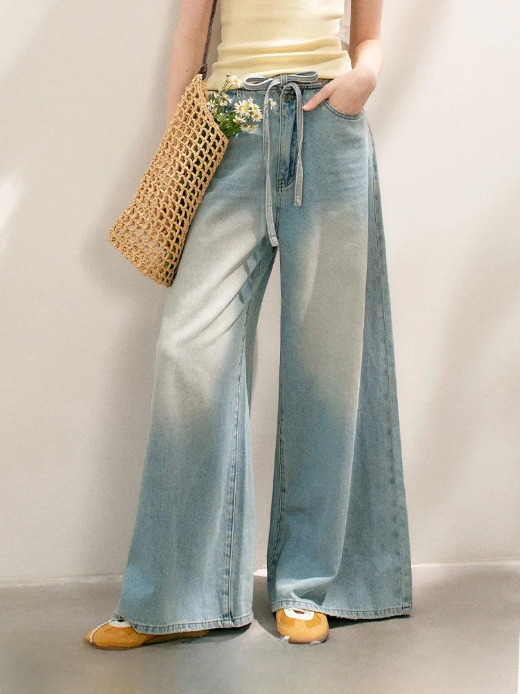 

Джинсы Laid-ba с узлами и вырезами на талии, широкие штанины, повседневные, из хлопка, средней эластичности, свободного кроя, износостойкие