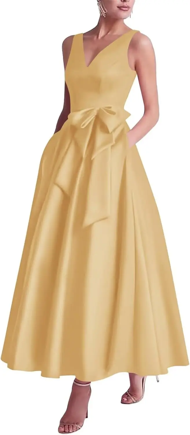 

Satin Large Bow V-neck A-line High Waisted Bridal Gown Simple FormalEvening GownElegant Ballroom Evening Gown CocktailParty Gown