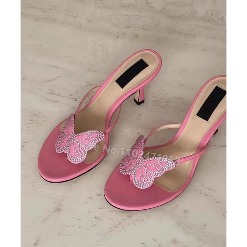 Butterfly Rhinestone Peep Toe Thin Heels Flipflops Women Summer Luxury Brand Hight Heels Sandals Ladies Casual Outside Slippers