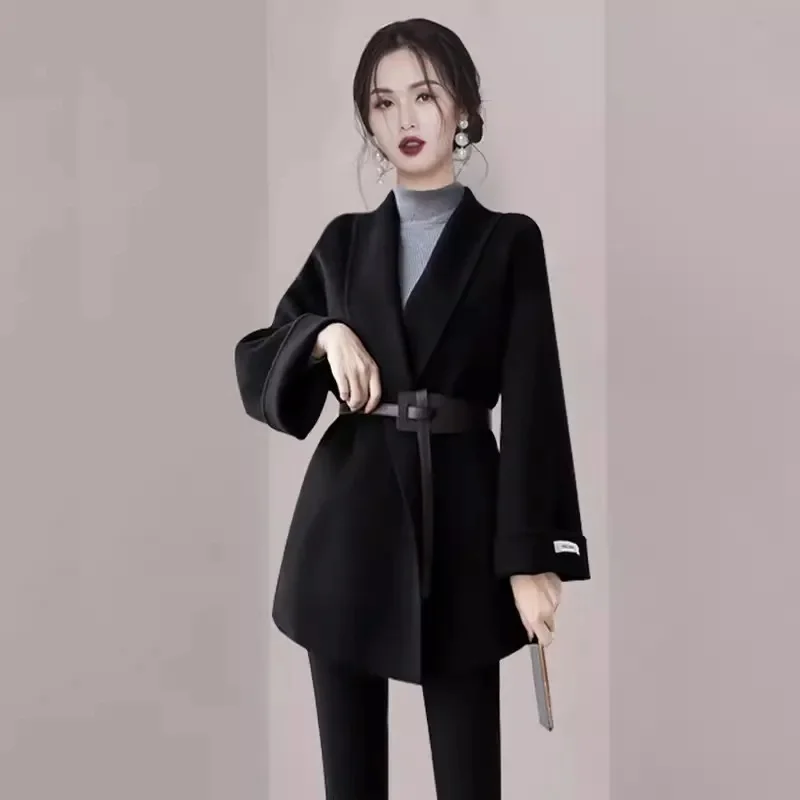 

High Neck Cropped Trench Coat Raincoats For Women Outcoat All Seasons Gray Brief Mid-Calf Draped Heavy Thickened Fleece