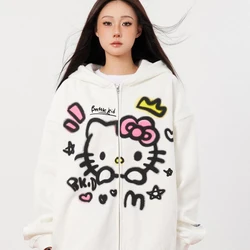 Retro Hello Kitty Cardigan Hooded Sweatshirt Sanrioed Cartoon Christmas Gift for Girls Autumn Velvet Trendy Couple Kawaii Top