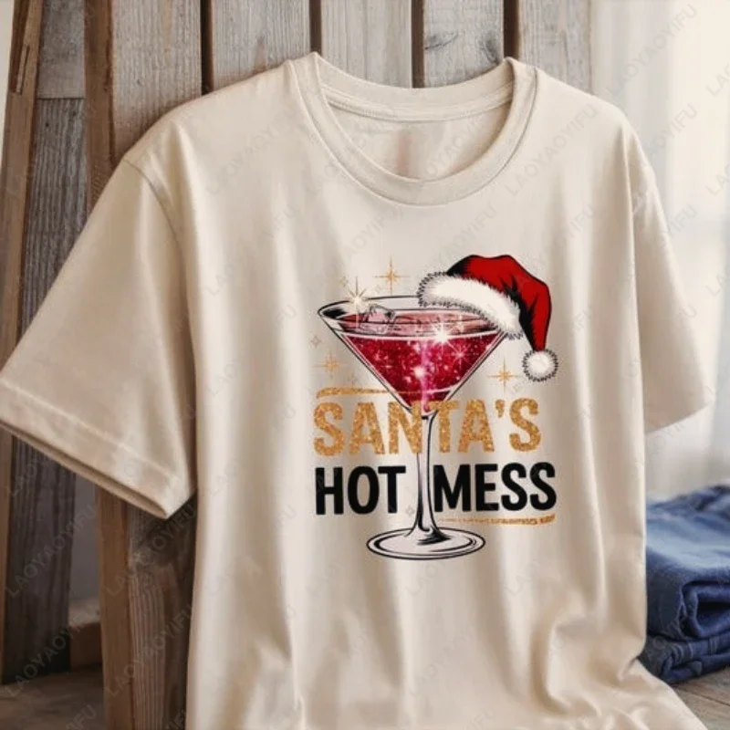

Горячее беспорядочное забавное рождественское коктейльное сублимационное дизайнерское топы для мужчин и женщин, хлопковая одежда, забавная блестящая праздничная футболка для вечеринки