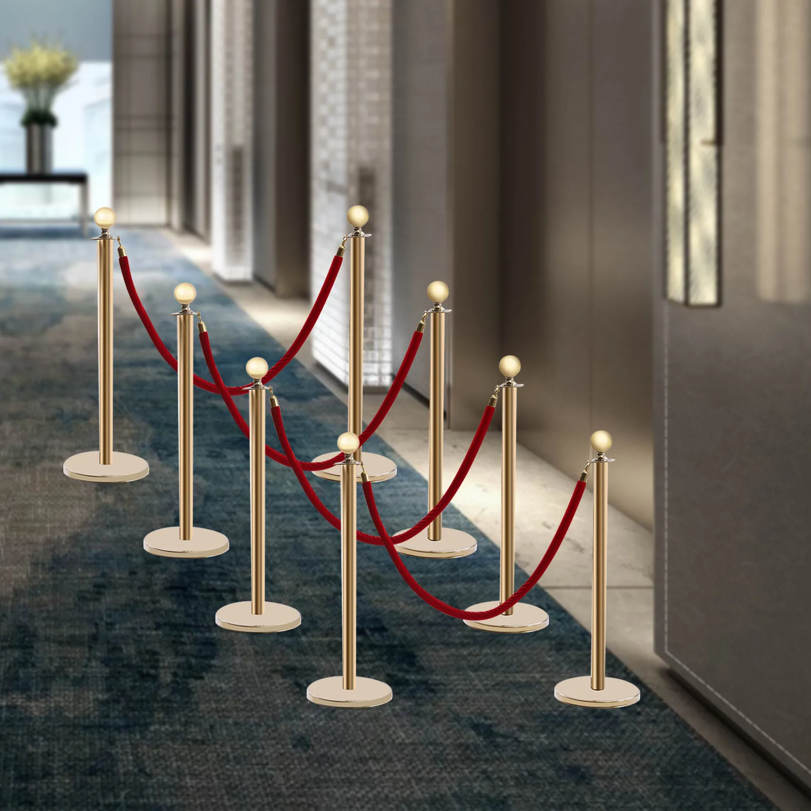 Gold&Red 8-Piece Stanchions With Ropes(Flexible&Secure) - Four-Way Top Connection&Customizable Layout, Rope End Buckles