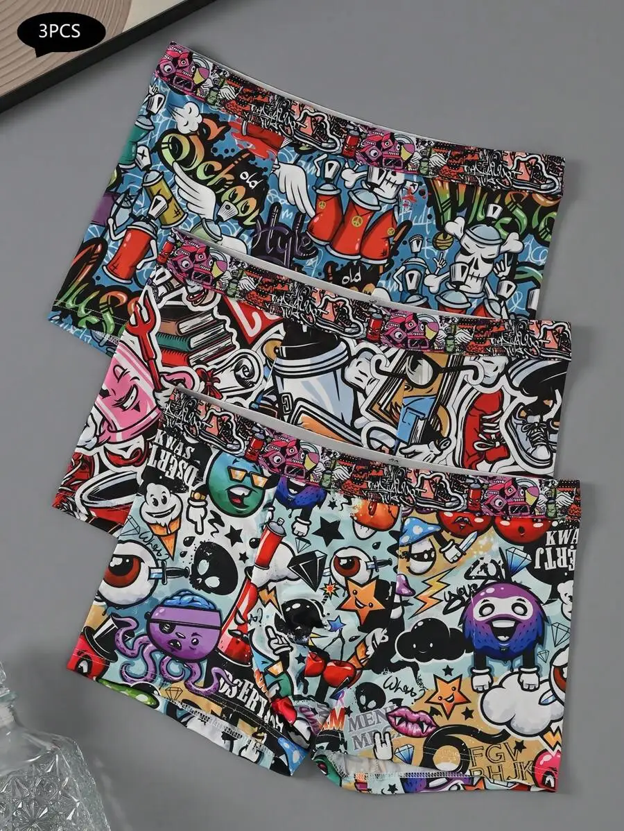3 Pcs Mens Boxer Briefs With Random Graffiti Print Fashion Underwear