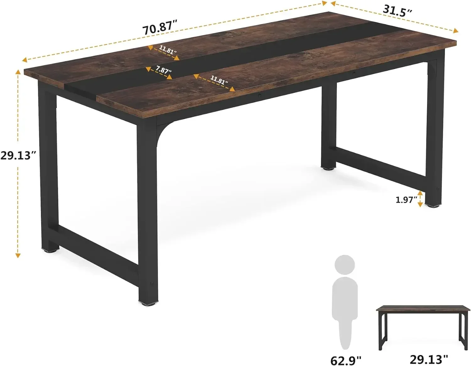 Meja komputer kantor Eksekutif 70 inci, dengan bingkai tebal, furnitur bisnis sederhana Workstation untuk rumah kantor, Vintage cokelat/hitam