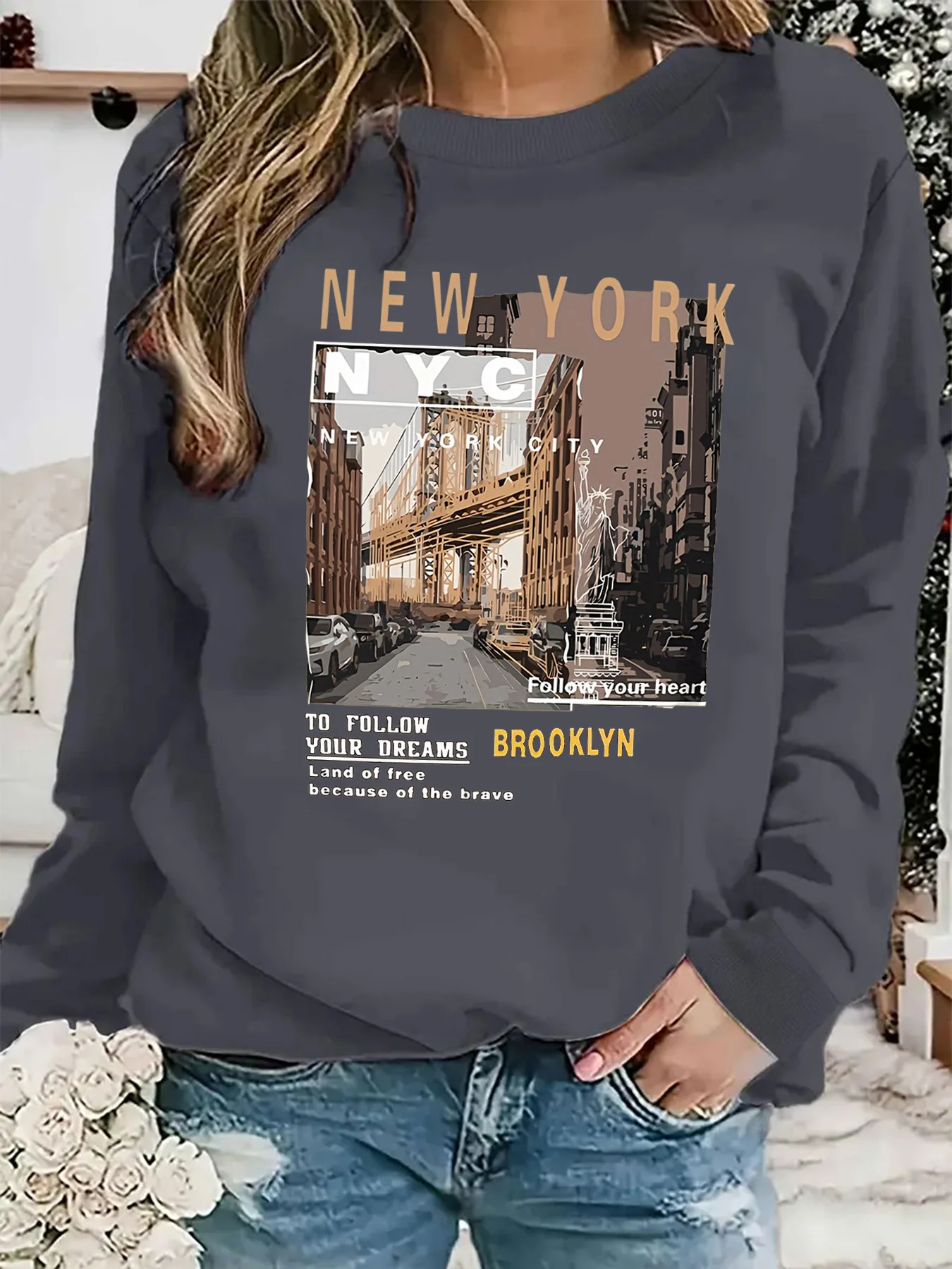 Pullover da donna autunno e inverno casual ampio, confortevole, caldo, con motivo New York City stampato, girocollo, maniche lunghe
