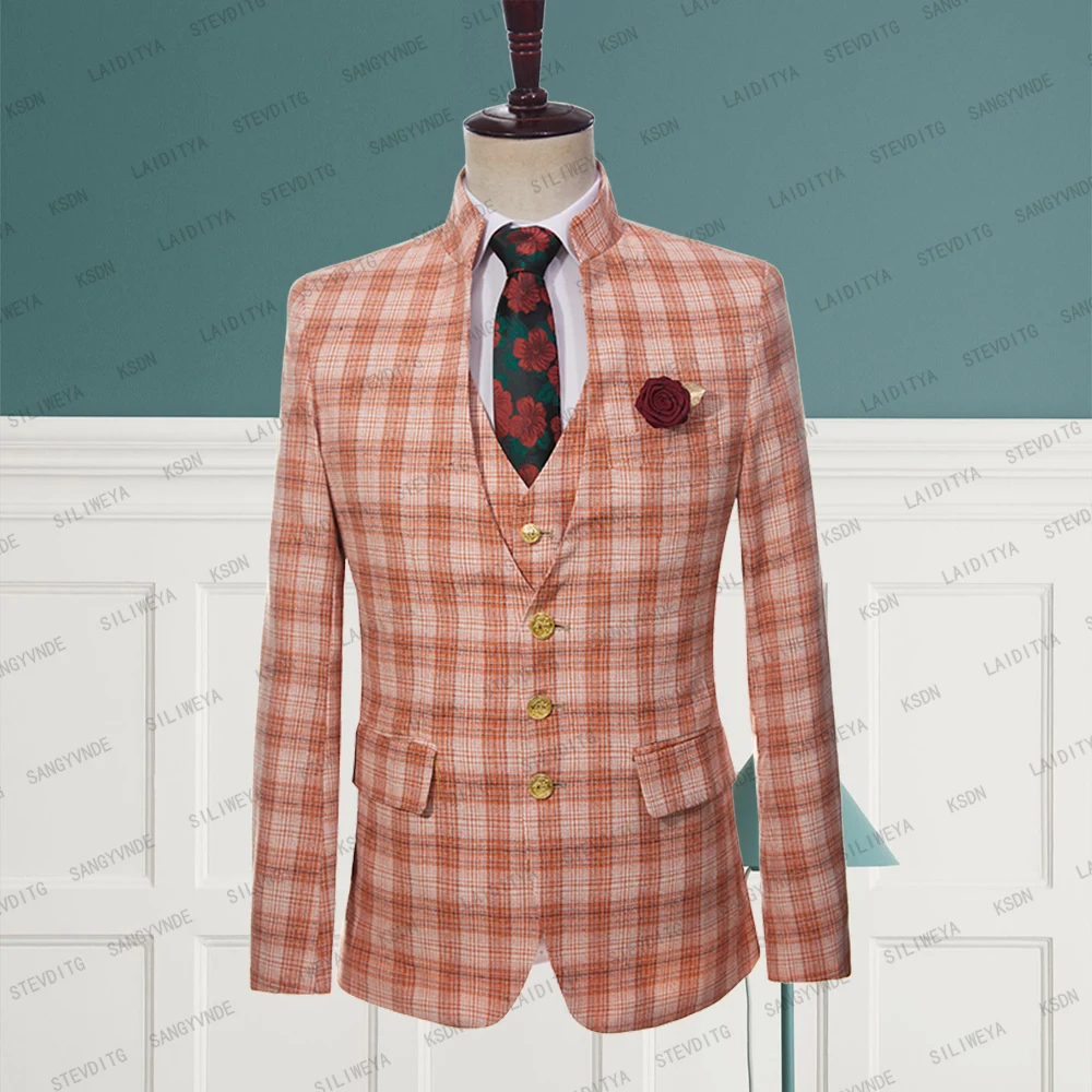 

2023 New Fashion Stand Collar Summer Men Beach Linen Suit Tangerine Striped Grid High Quality Party Slim Jacket Blazer Coat