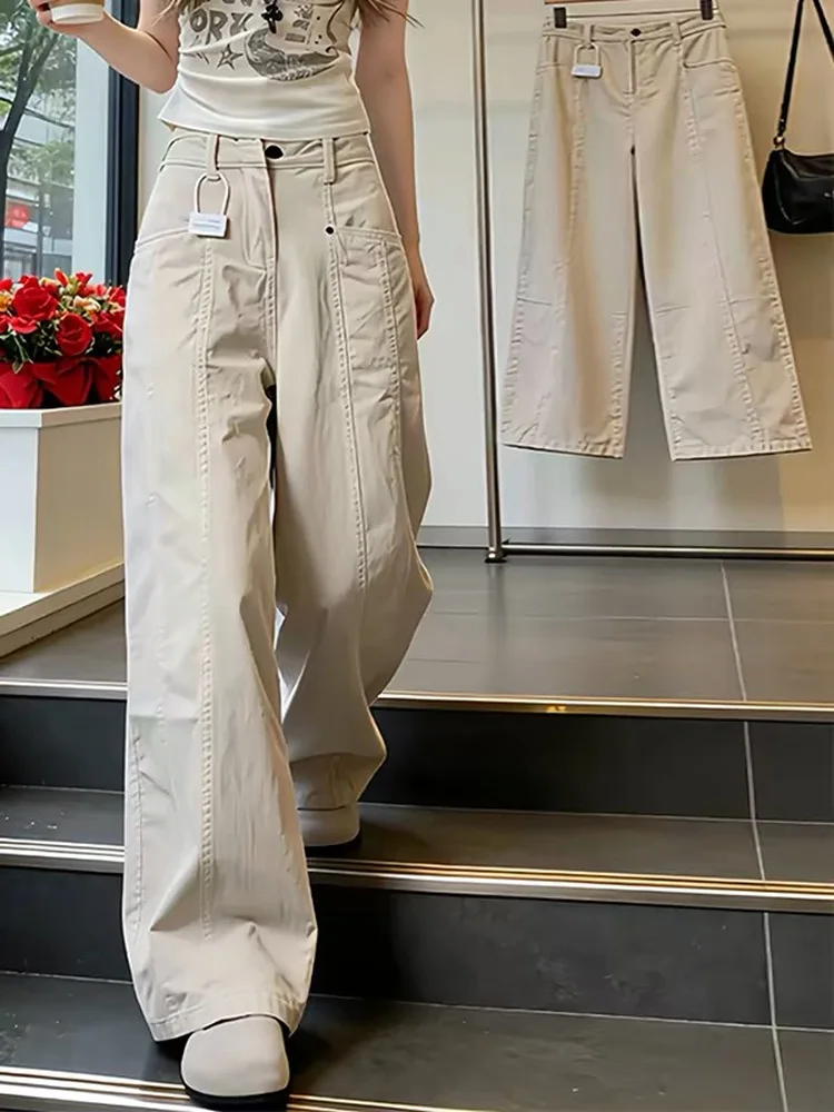 

American Vibe Light Wash Denim Cargo Pants Women Summer New High Waist Wide Leg Casual Trousers Thin Floor Length Jeans