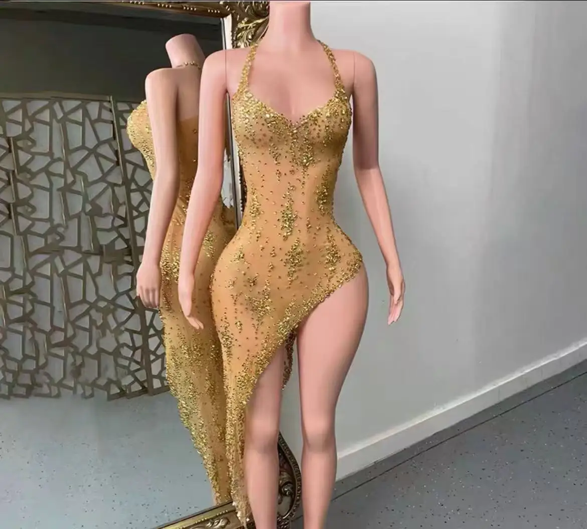 

Luxury Rhinestones See Through Sexy Women's Clothing Mesh Stretch Birthday Dresses Sparkly Gold Design Evening Party Dress