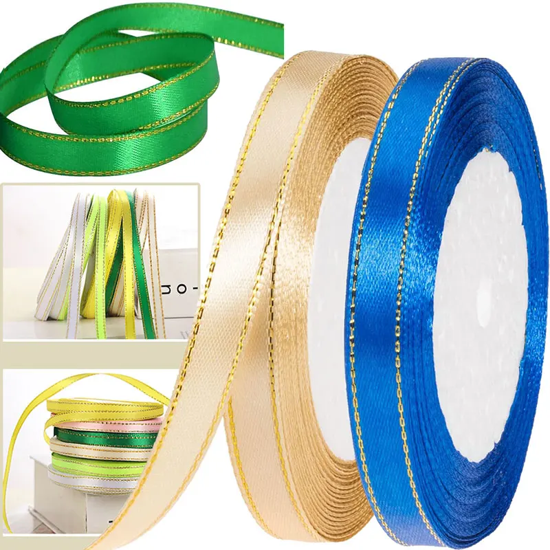 25Yard Gold Edge Satin Ribbon 6/10mm Satin Fabric Ribbons with Golden Border for Crafts Bow Making Gift Wrapping Wedding Decor