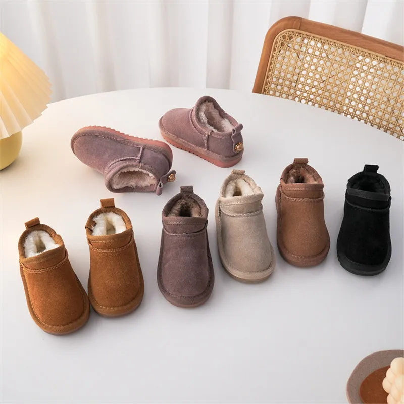 Children Genuine Cow Suede Snow Boots Girls Fashion Low-top Short Boots Little Princess Elegant Winter Shoes Baby Soft Snow Boot