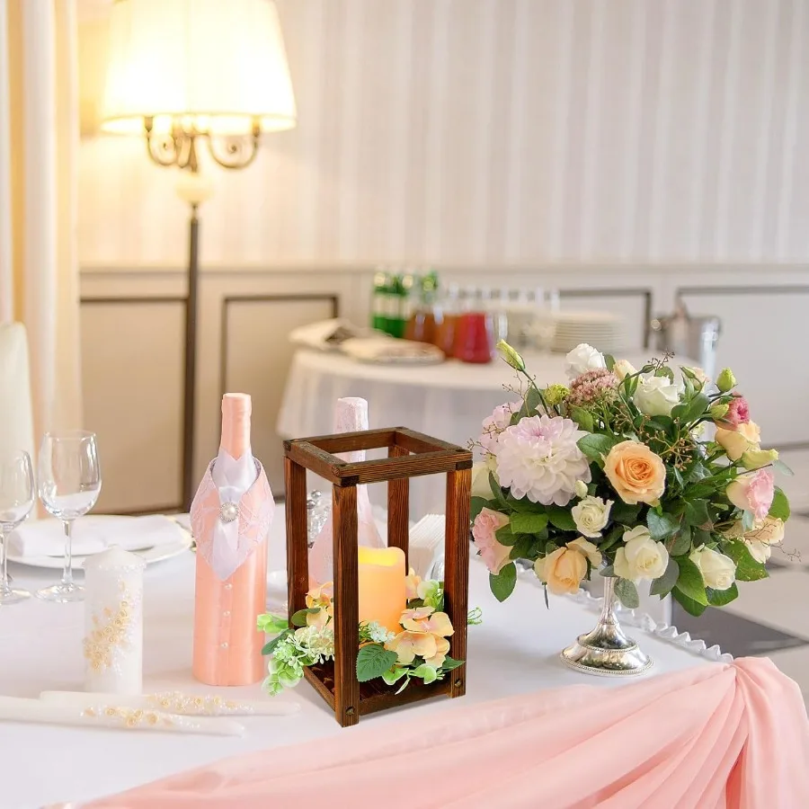Centrotavola lanterna nuziale in legno rustico da 30 pezzi con supporti integrati, candele e ghirlande per un elegante arredamento da tavola nel matrimonio