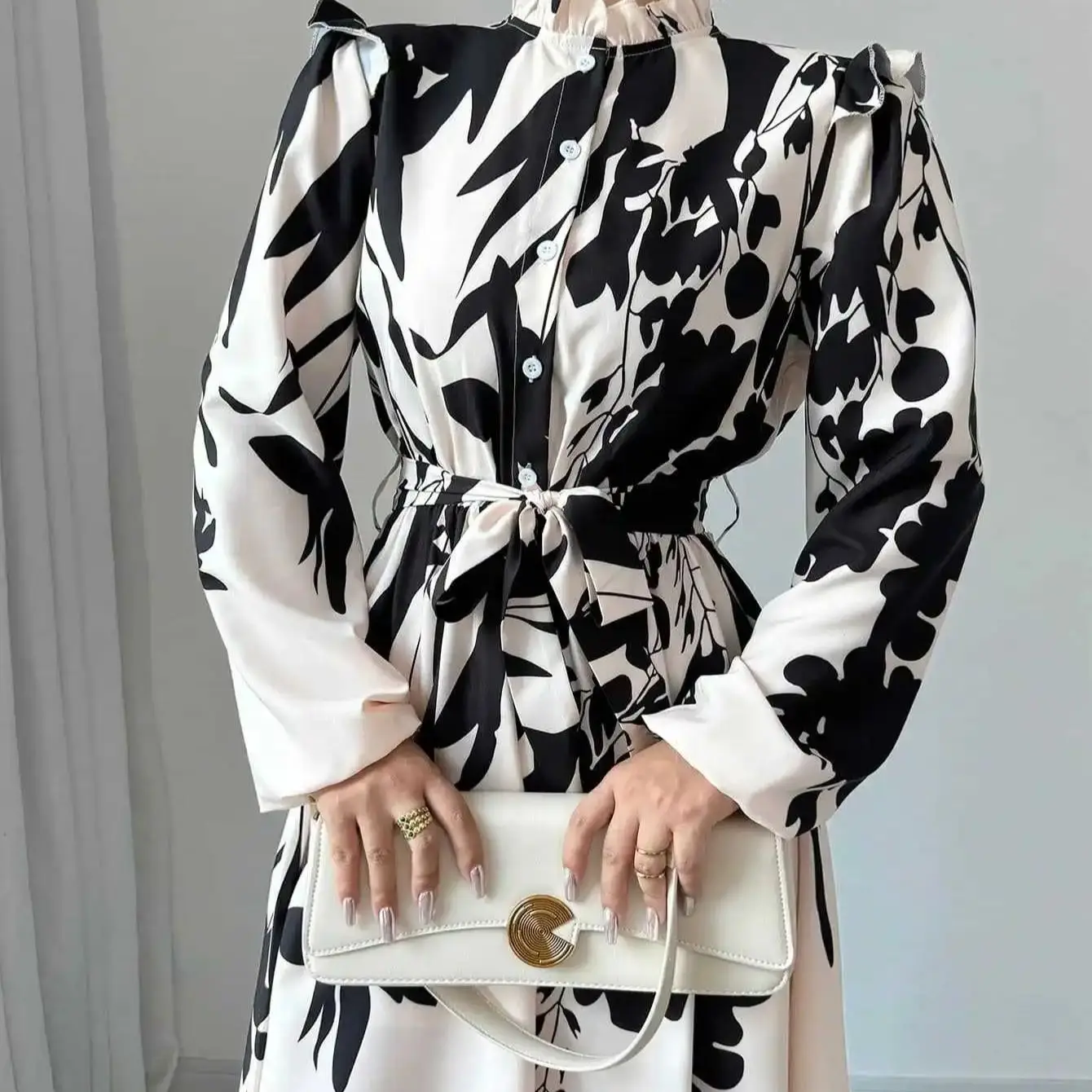 Dresses For Women Black And White Flowers Print Long Sleeve Ruffled Collar Elegant Dress Lace Up A-Line Dress 2026 Spring New view 4