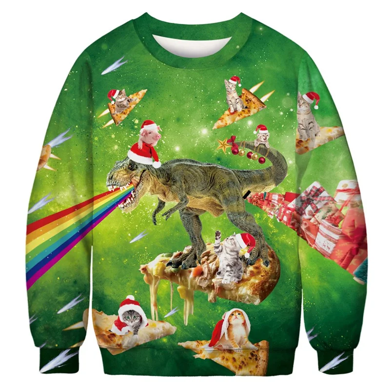 Hoodie Natal jelek baru kaus grafis dinosaurus pullover cetak 3D Fashion Pria Wanita Hoodie ukuran besar liburan Natal