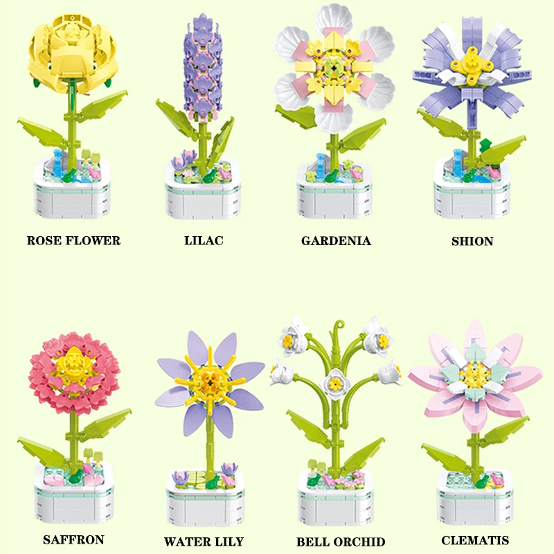 Bouquet Potted Building Blocks Eternal Flower Assembly Toys Saffron Lilac Gardenia  Model Bricks Diy Toys Kids Christmas Gifts