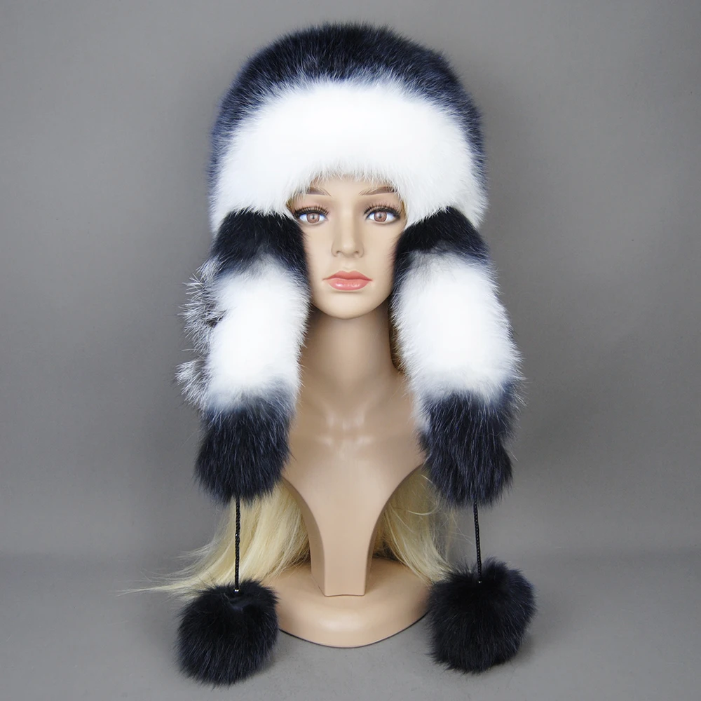 Hot Sale Lady Winter Warm Luxury 100% Natural Fox Fur Hat Fashion Fluffy Fox Fur Rex Rabbit Fur Caps Women Real Fur Bomber Hats