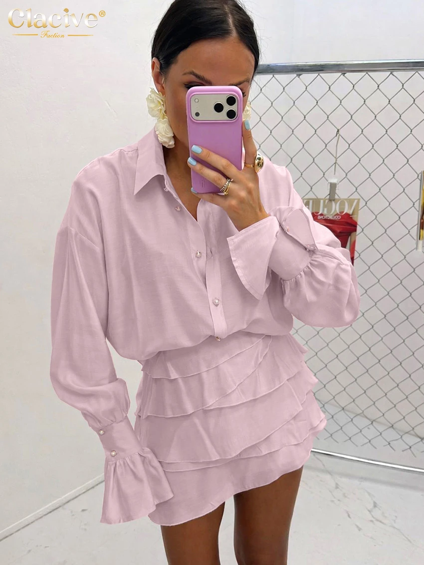 

Clacive Fashion Loose Pink Skirt Set Woman 2 Pieces 2026 Elegant Long Sleeve Shirt With High Waist Pleated Mini Skirt Set Female