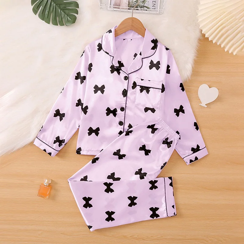 Children Girls Button-Down Silk Pajamas Sets with Short Sleeve Nightwear 2PCS Lounge Sets 6-12 Years