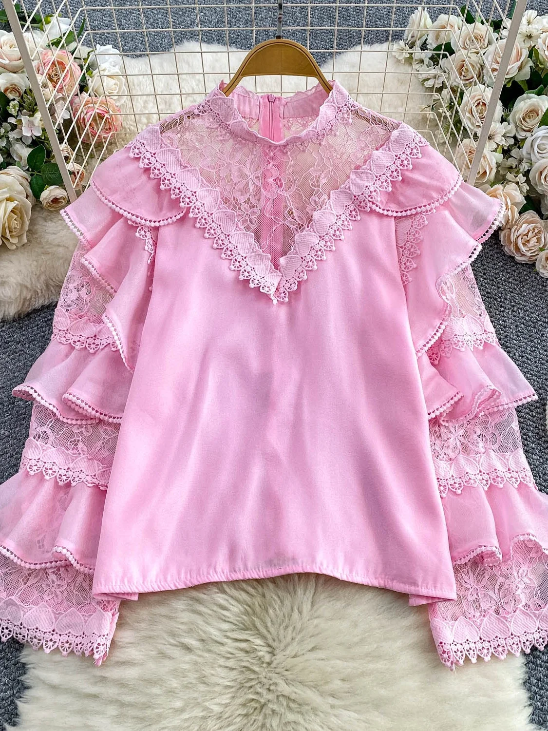 

Retro Ele Court Sle Lace Splicing Chiffon round Ne Long Sve irt Women Anti Aging Layered Top Commute Korean Loos...