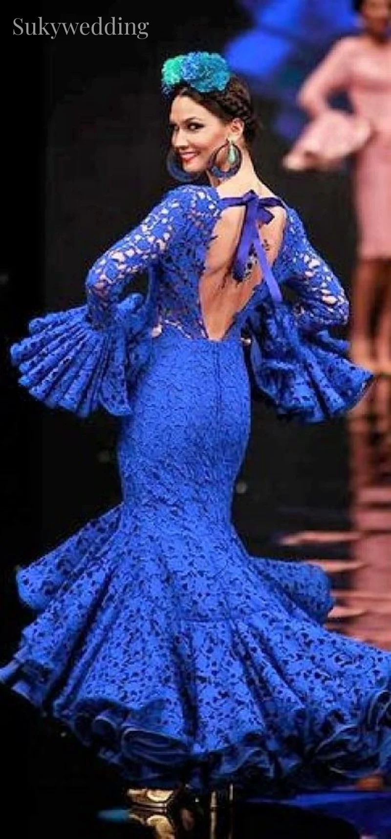 Vestidos de fiesta de graduación de baile de flamenco de encaje de sirena azul con falda escalonada mangas abullonadas vestidos para ocasiones de noche sin espalda personalizados