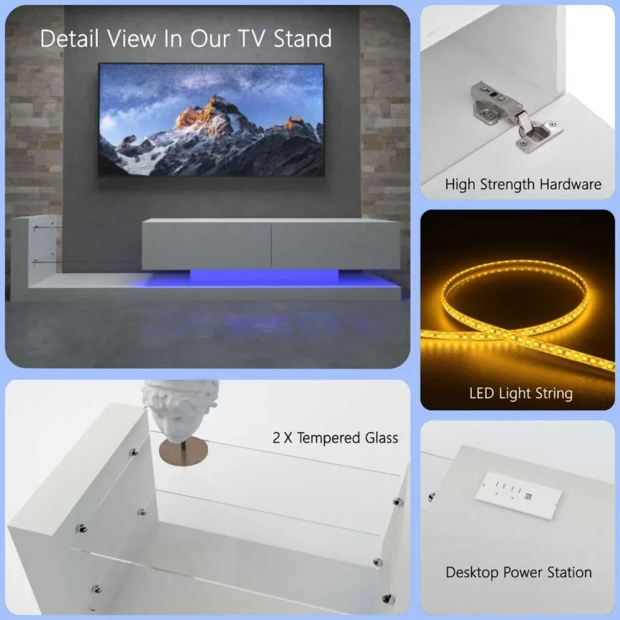 حامل تلفزيون LED لمركز الترفيه الحديث للتلفزيون مقاس 55 65 75 بوصة مع وحدة تحكم تلفزيون من الزجاج المقسى مع خزائن تخزين وسائط الألعاب #6