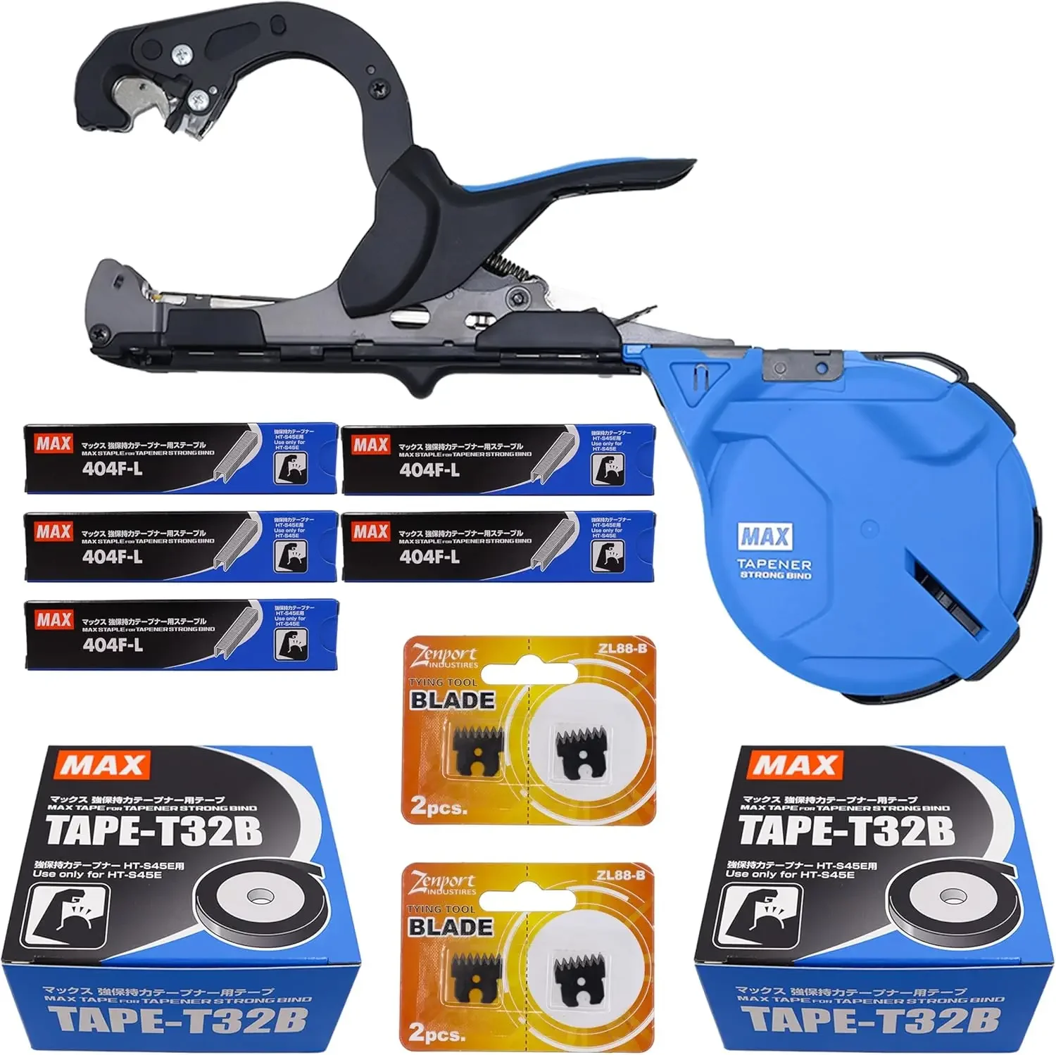 

MAX HT-S45E Strong Bind Tapener Plant Tying Tool Value Pack with Tape, Staples, & Replacement Blades, Blue, HT-S45E-VALUE