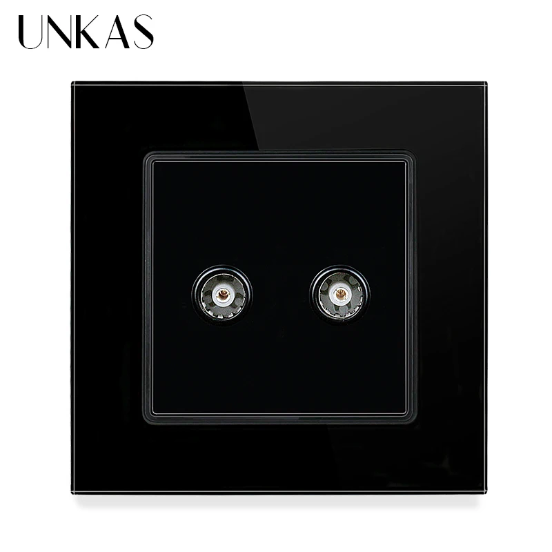 UNKAS Dual RJ11 Telephone Dual RJ45 Computer Dual TV Crystal Glass Panel White Black Gray Gold 86mm Television Weak Outlet