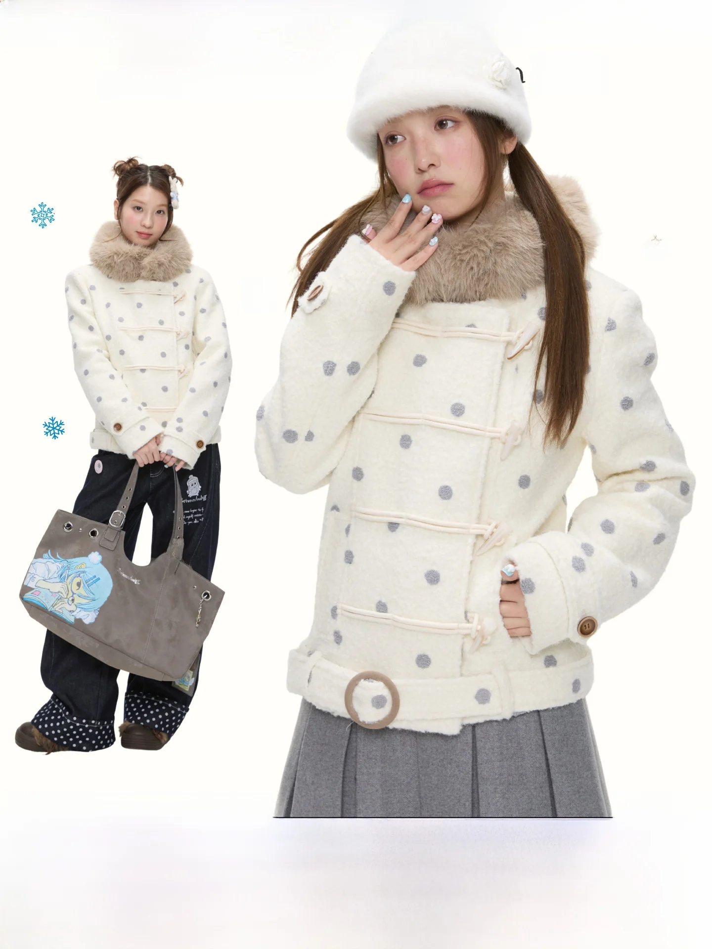 

Теплое шерстяное пальто для женщин с пуговицами и меховым воротником, в горошек, повседневное, с длинными рукавами, прямого кроя