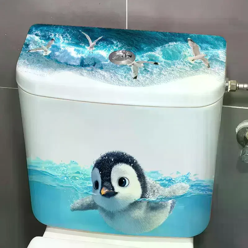 Cute Swimming Penguin Toilet Sticker Waterproof Easy to Apply Removable Decal for Bathroom Toilet Lid Tank Decor
