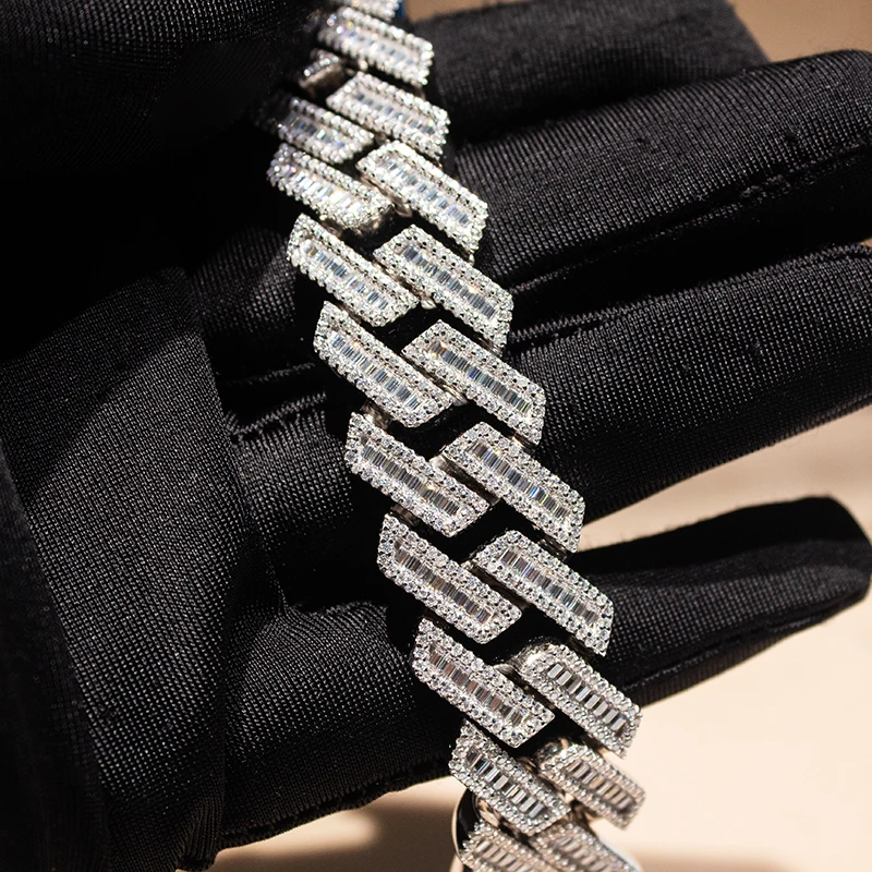 

Custom Moissanite Cuban link Chain Jewelry 20mm Iced Out Men VVS Baguette Cut Moissanite 925 Sterling Silver Cuban Bracelet