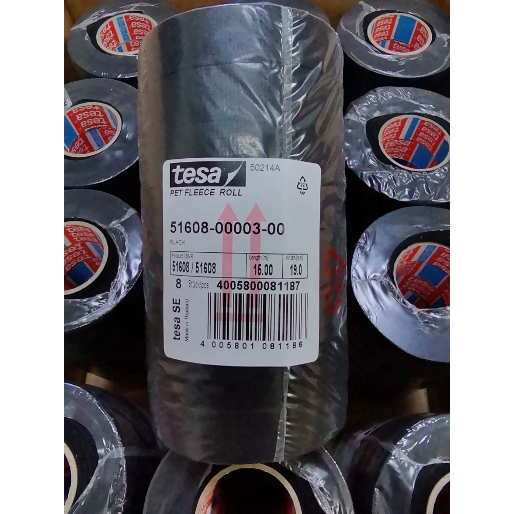 tesa 51608 Cinta de arnés de cableado interior de lana borrosa negra para VW, Audi, Mercedes, BMW 19 mm x 15 metros, 1 caja = 96 piezas