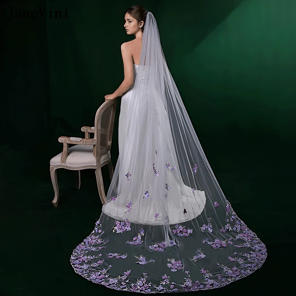 

JaneVini Romantic Korean White Ivory Long Bridal Veils with Purple Appliques One Layer Tulle Veil with Comb Wedding Accessories