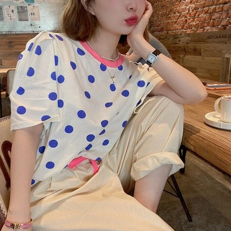 

2024 Summer New Women's Spliced Color Crew Neck Polka Dot Casual Fashion Sweet Loose All-match Short Sleeve T-shirt Tops