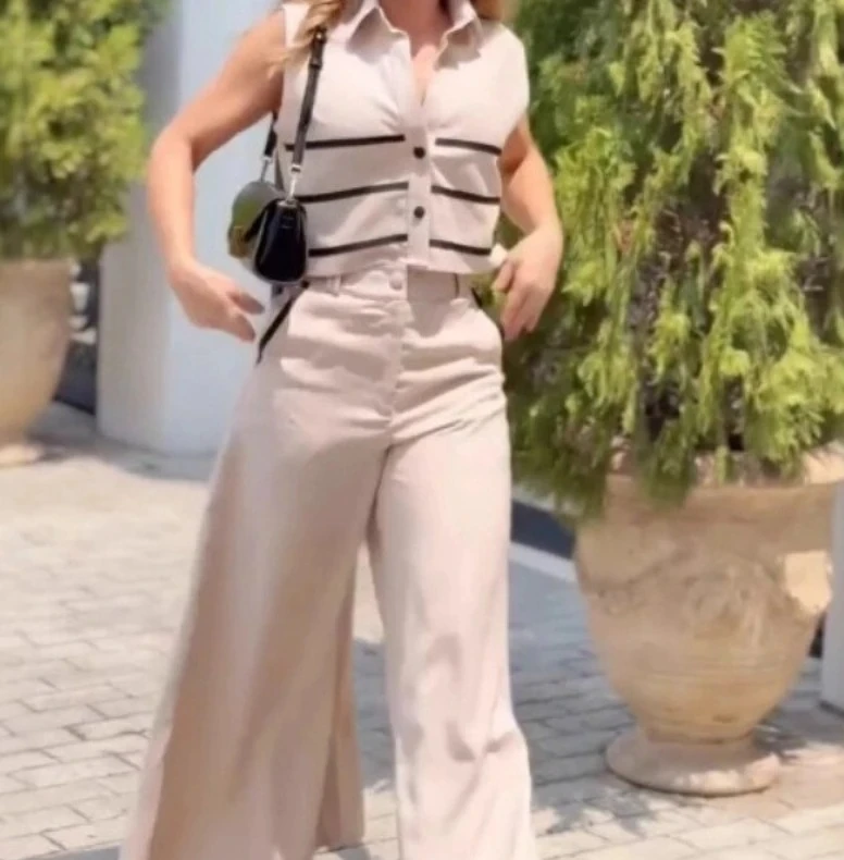 

Летние женские костюмы, элегантный модный цветной контрастный короткий топ без рукавов и повседневные широкие брюки, офисный женский комплект из двух предметов