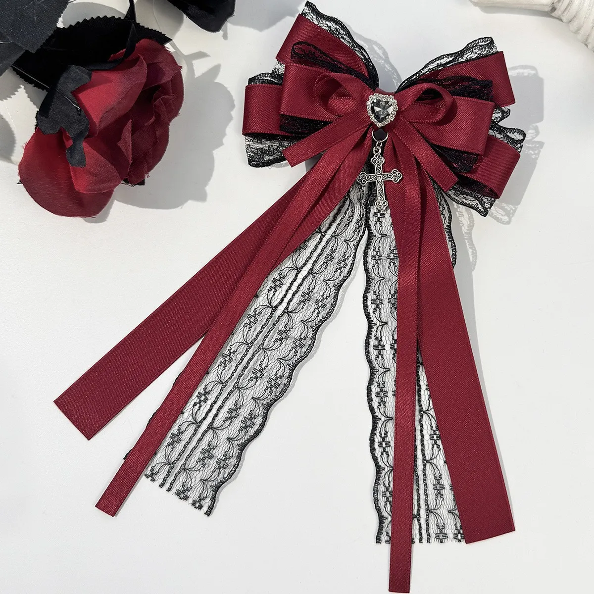 Gotische Schwarz-Rote Spitzen-Satin-Haarspange mit Vintage-Strass-Quaste, Lolita-Haaraccessoires für Alltag, Party und Hochzeit – Detail 11