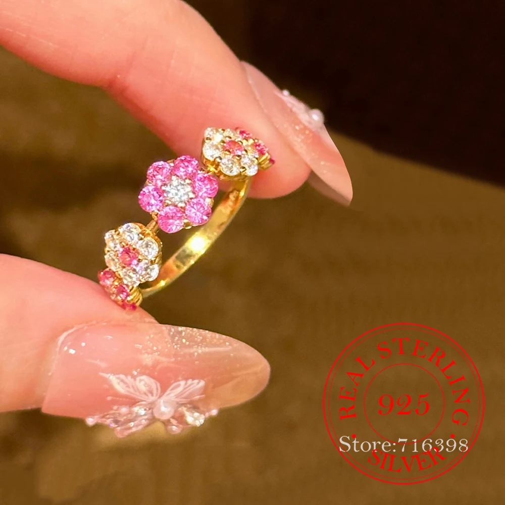 

925 Sterling Silver Jewelry Crystal Cherry Flower Finger Rings for Women Wedding Party Jewelry For Christmas Girls Friends Gift