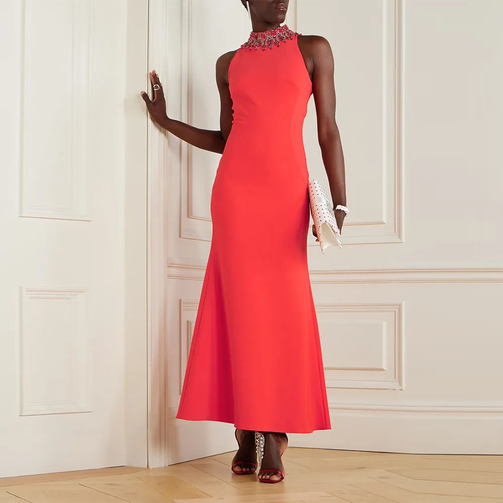 

Современное женское вечернее платье длиной до щиколотки, вечернее платье с круглым вырезом и бисером, Саудовское платье без рукавов, платье для выпускного вечера