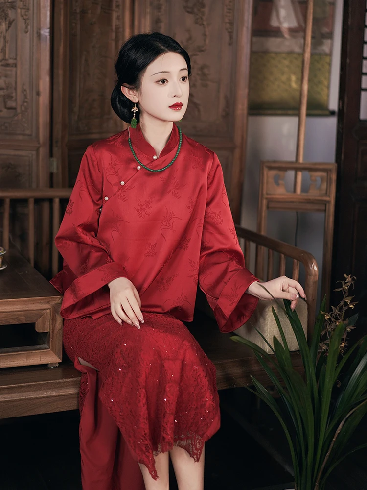 

Красный весенне-летний новый китайский свадебный костюм для женщин, комплект из двух предметов, с длинными рукавами, без разрезов, из полиэстера