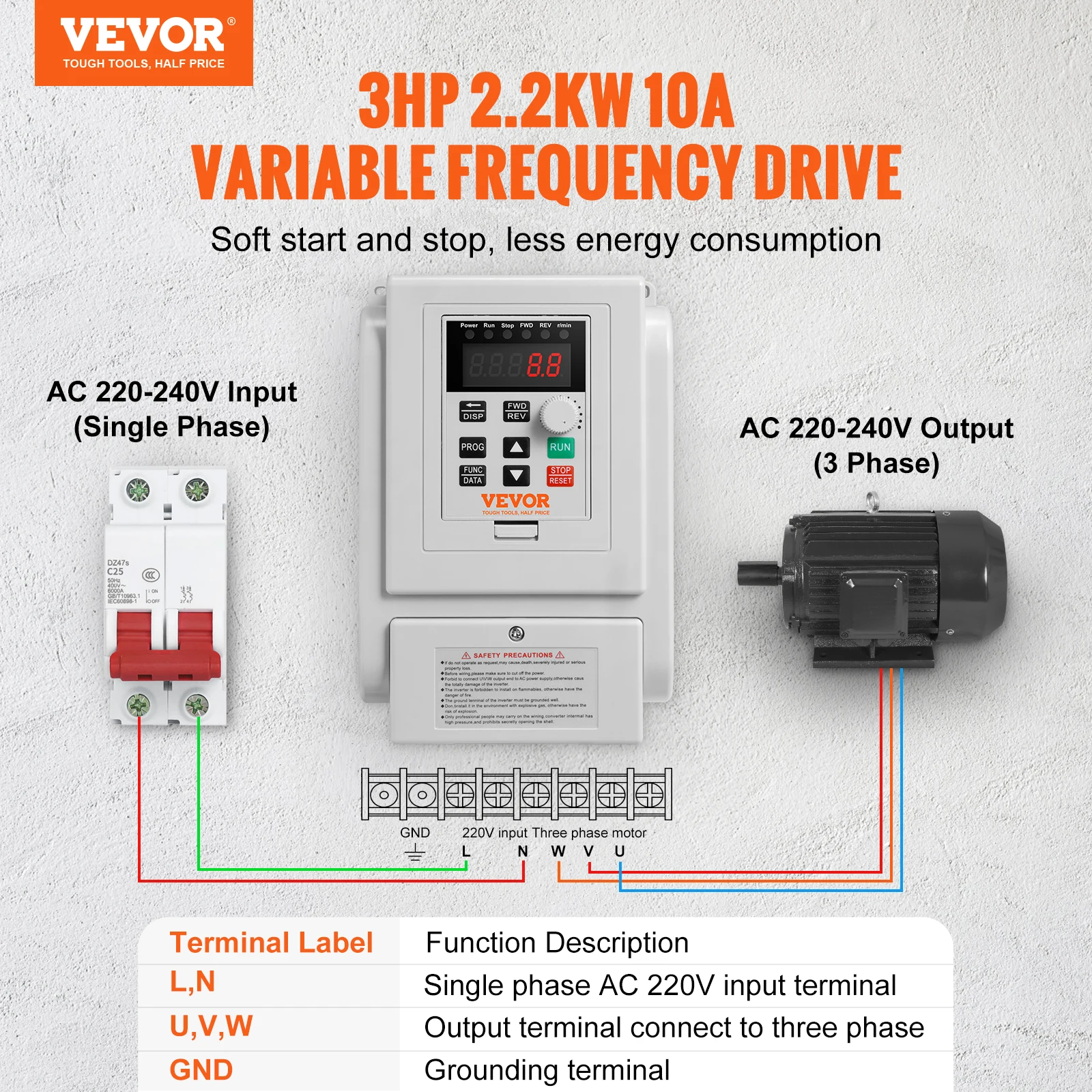 VEVOR 2.2KW VFD Inverter Variable Frequency Drive Converter AC 220V 3P Output Speed Controller for Water Pump Motor CNC